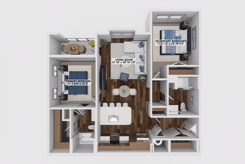 Floor plan for 2 beds, 2 baths, 1087 sqft